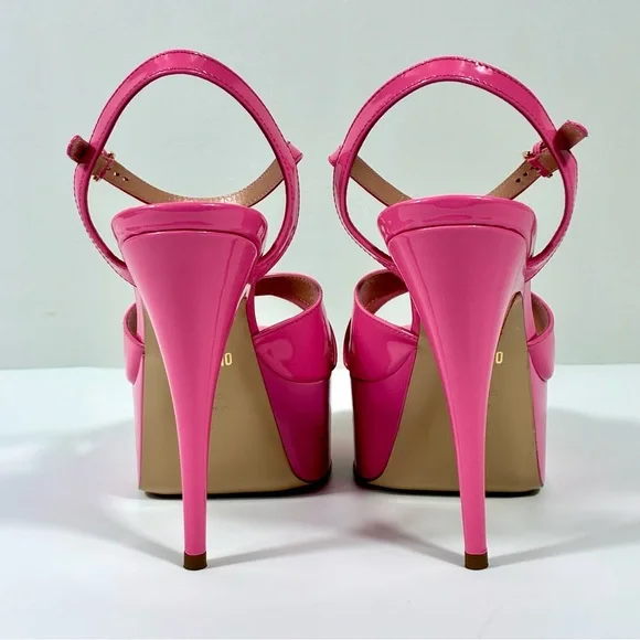 Moschino Logo Leather Platform Stiletto Sandals Heels Pink Gold NEW